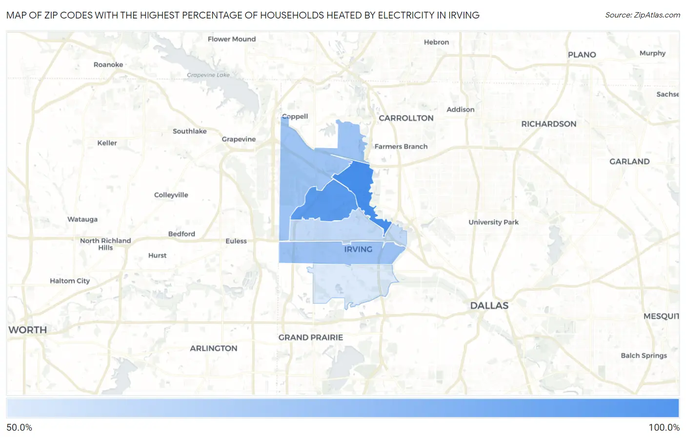 Zip Codes with the Highest Percentage of Households Heated by Electricity in Irving Map