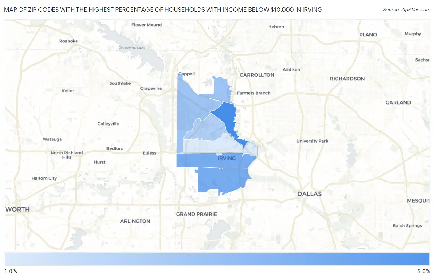 Zip Codes with the Highest Percentage of Households with Income Below $10,000 in Irving Map