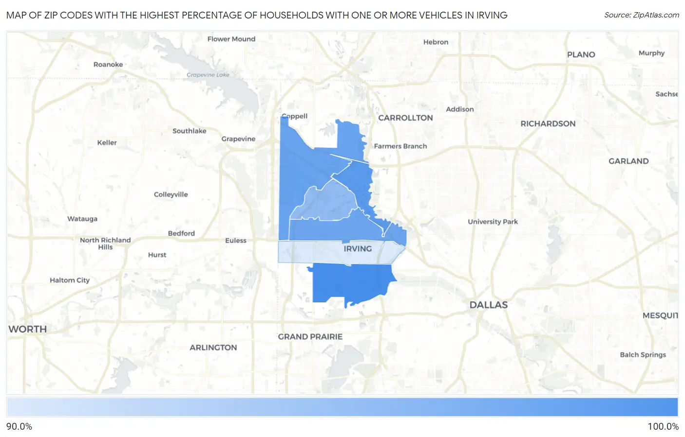 Zip Codes with the Highest Percentage of Households With One or more Vehicles in Irving Map