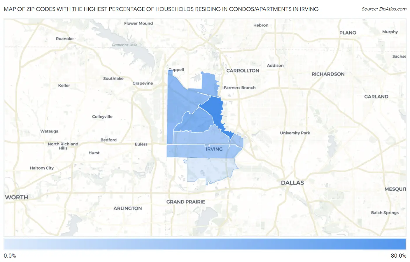 Zip Codes with the Highest Percentage of Households Residing in Condos/Apartments in Irving Map
