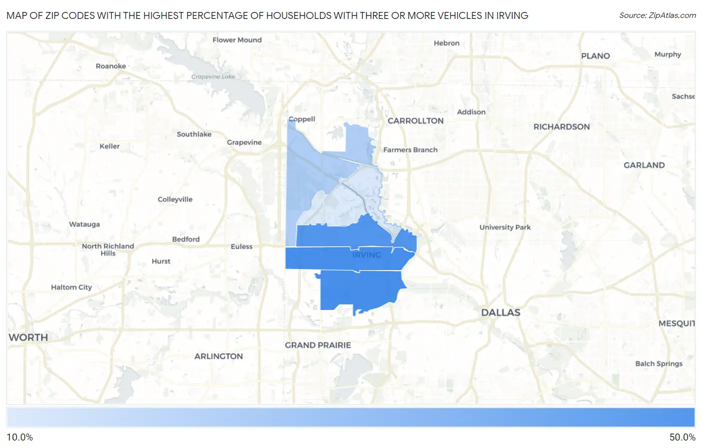 Zip Codes with the Highest Percentage of Households With Three or more Vehicles in Irving Map
