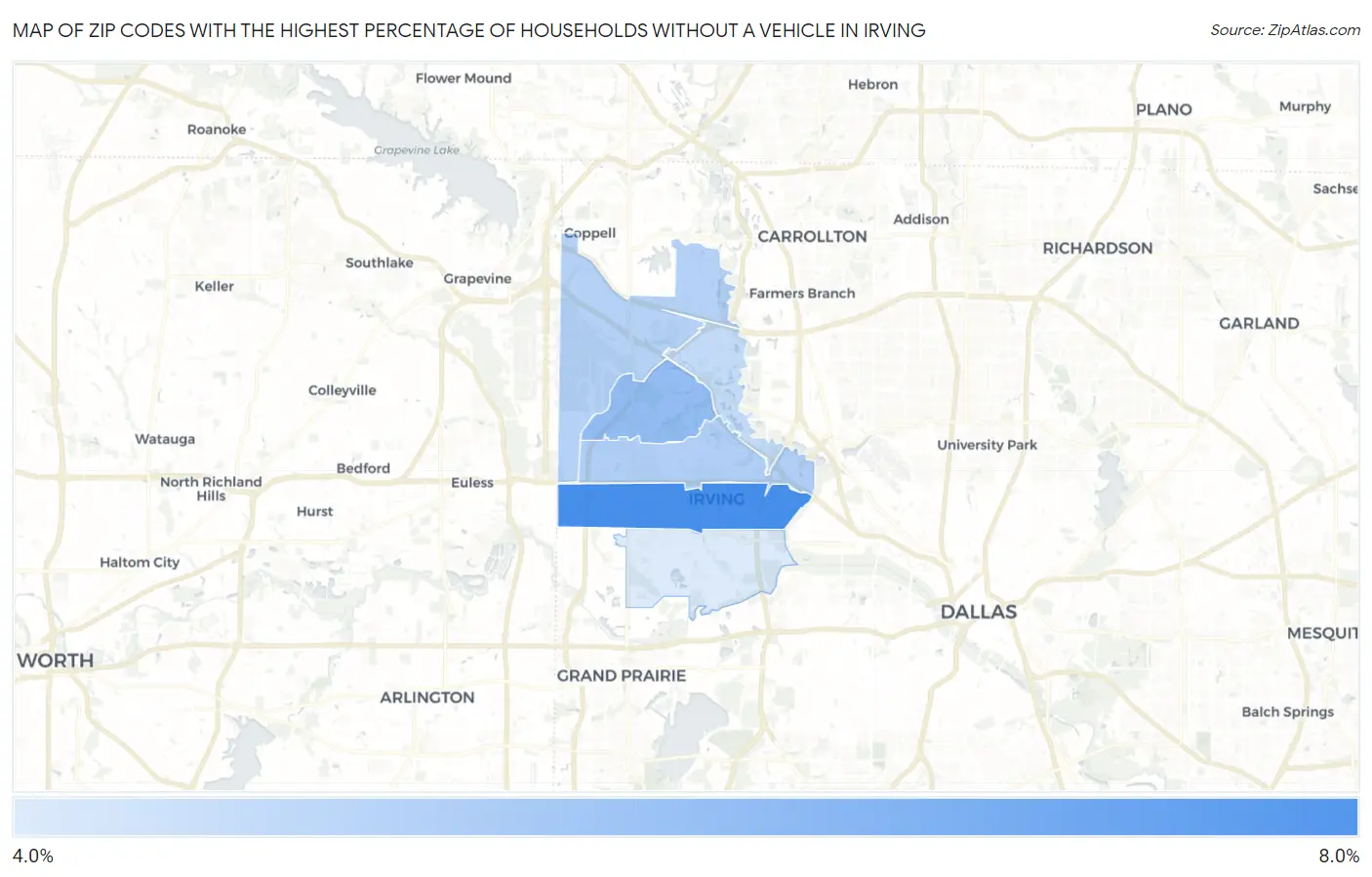Zip Codes with the Highest Percentage of Households Without a Vehicle in Irving Map