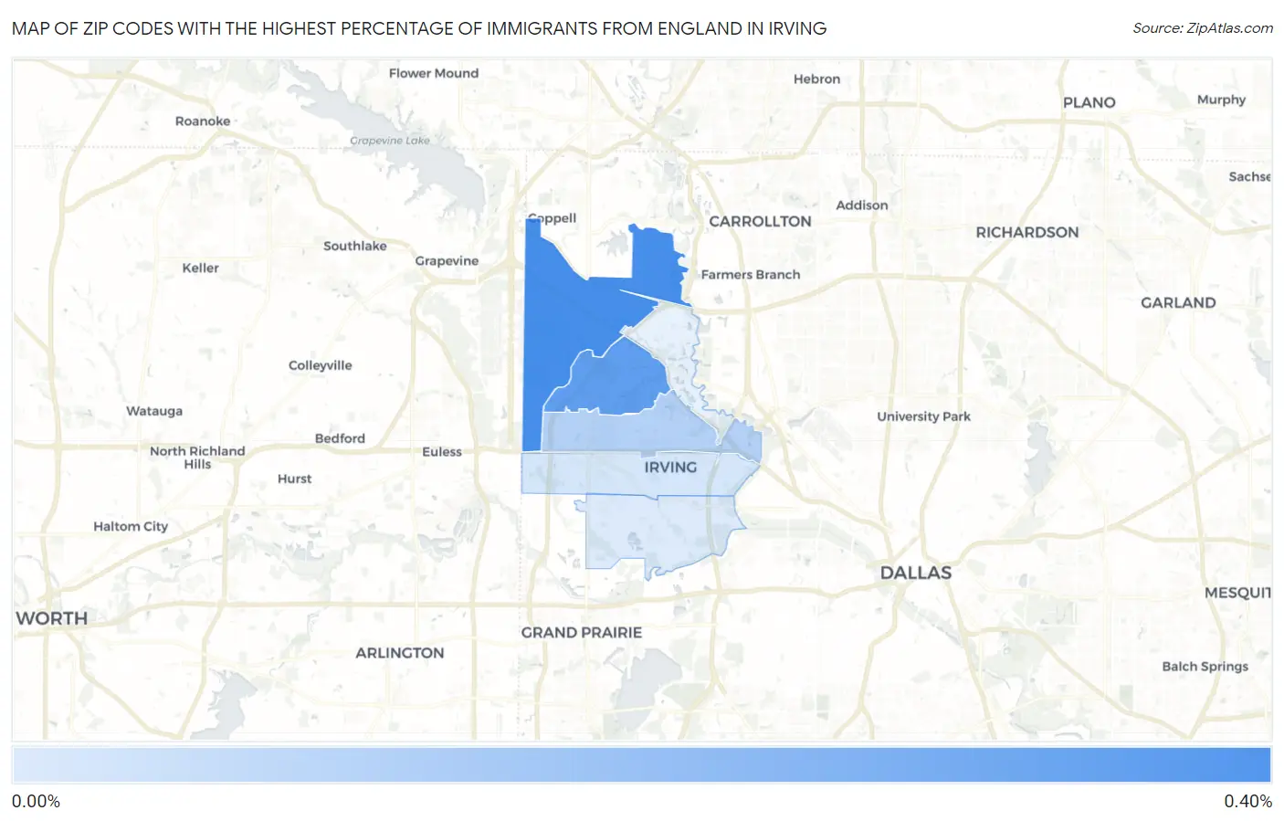 Zip Codes with the Highest Percentage of Immigrants from England in Irving Map