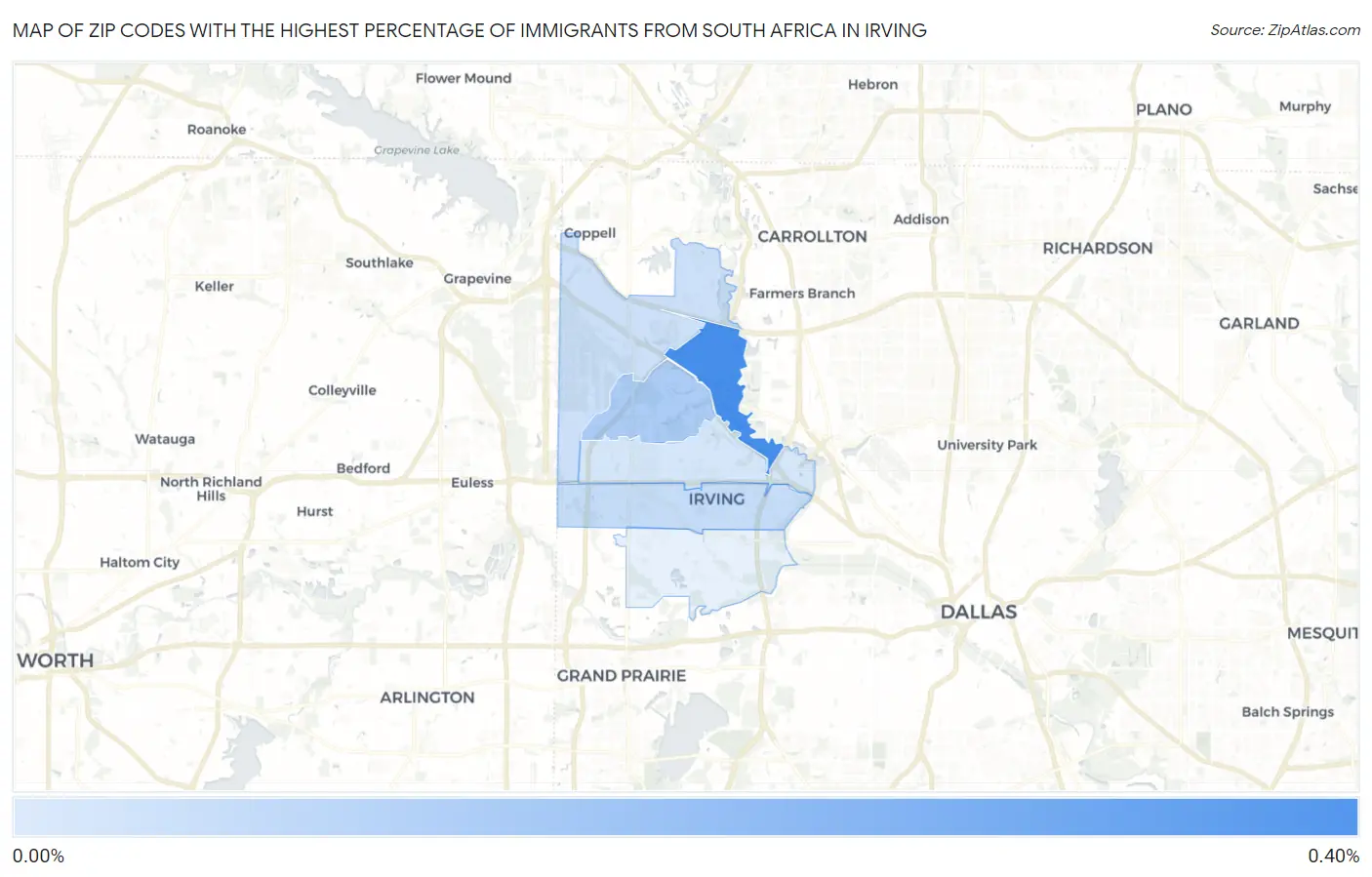 Zip Codes with the Highest Percentage of Immigrants from South Africa in Irving Map