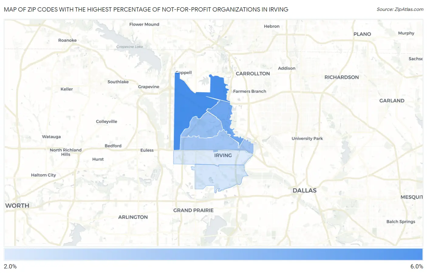 Zip Codes with the Highest Percentage of Not-for-profit Organizations in Irving Map