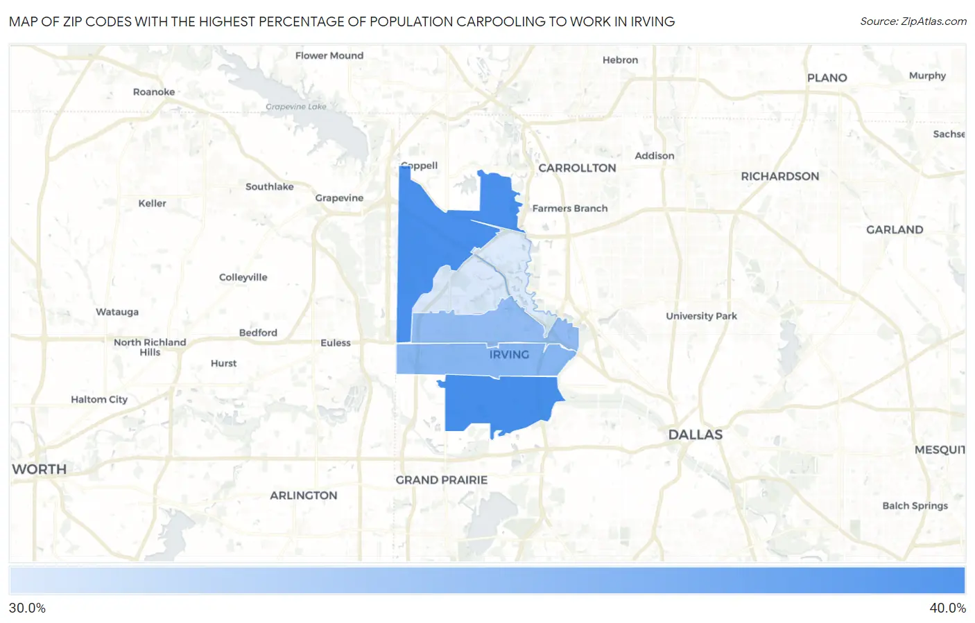 Zip Codes with the Highest Percentage of Population Carpooling to Work in Irving Map