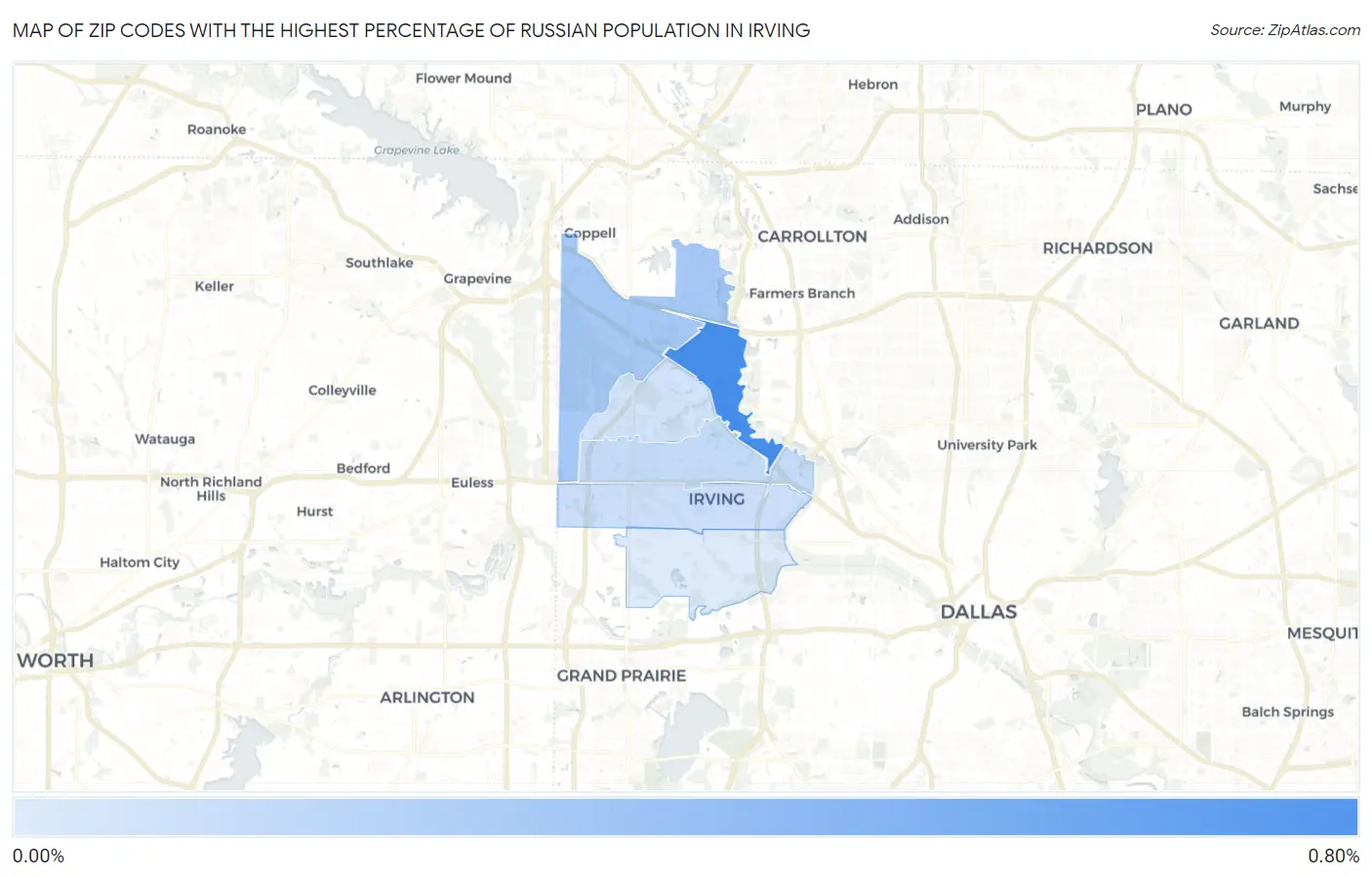 Zip Codes with the Highest Percentage of Russian Population in Irving Map
