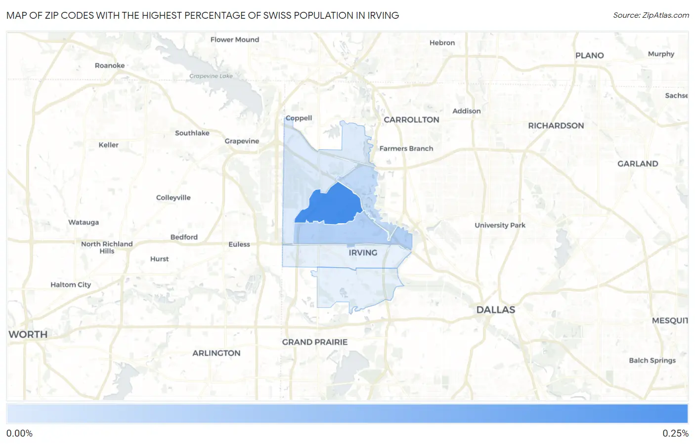 Zip Codes with the Highest Percentage of Swiss Population in Irving Map