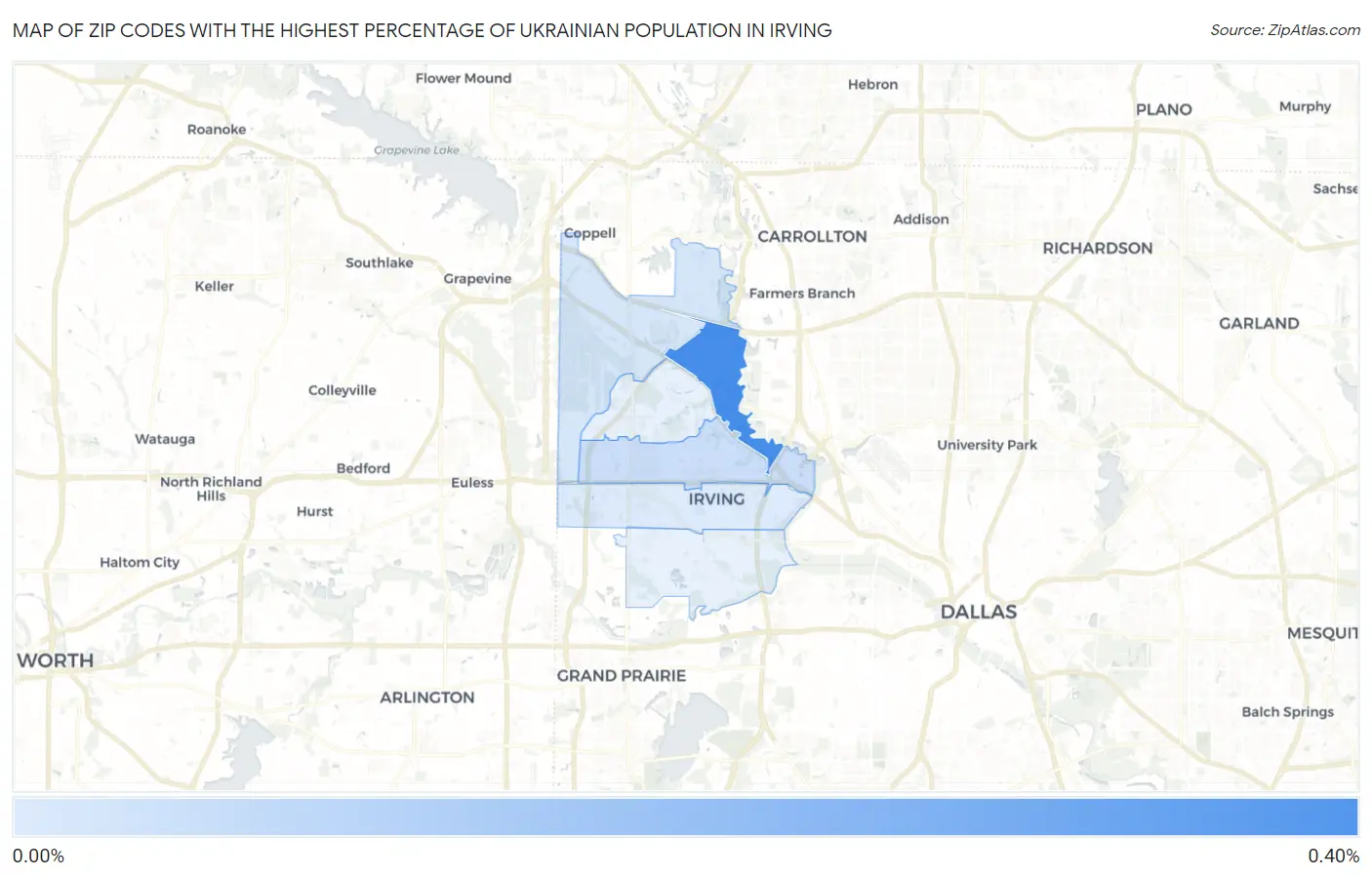 Zip Codes with the Highest Percentage of Ukrainian Population in Irving Map