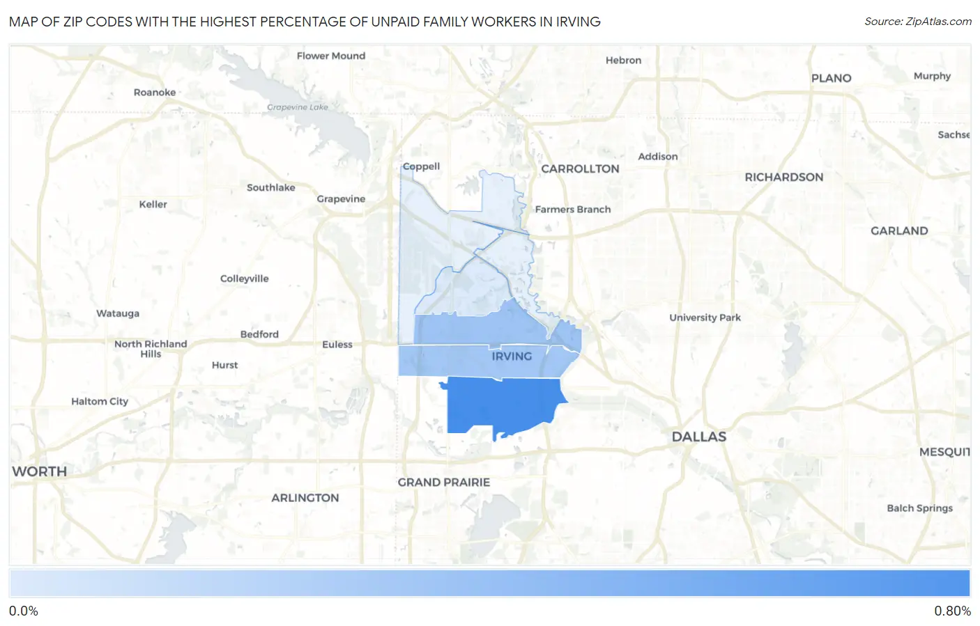 Zip Codes with the Highest Percentage of Unpaid Family Workers in Irving Map