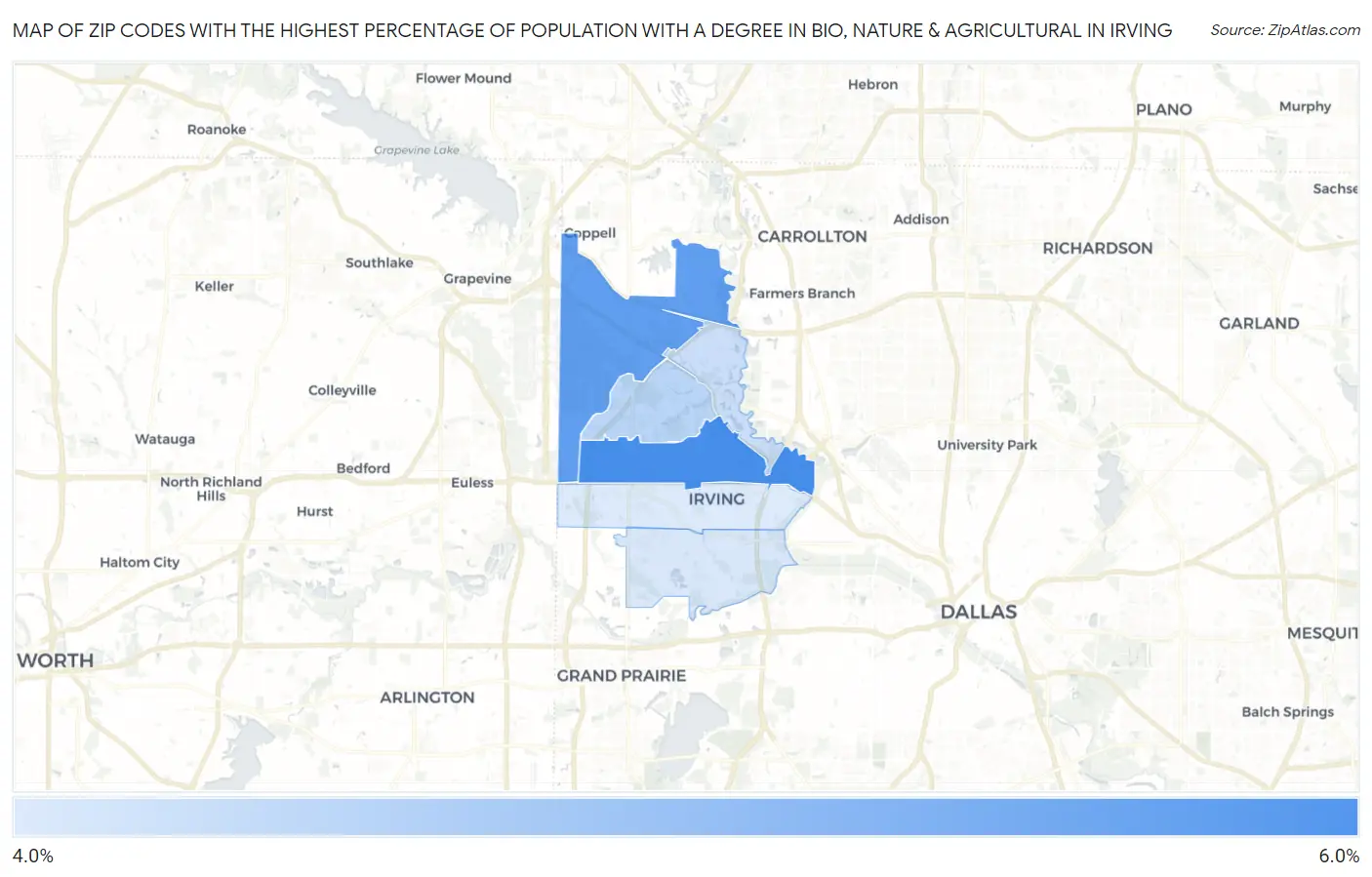 Zip Codes with the Highest Percentage of Population with a Degree in Bio, Nature & Agricultural in Irving Map