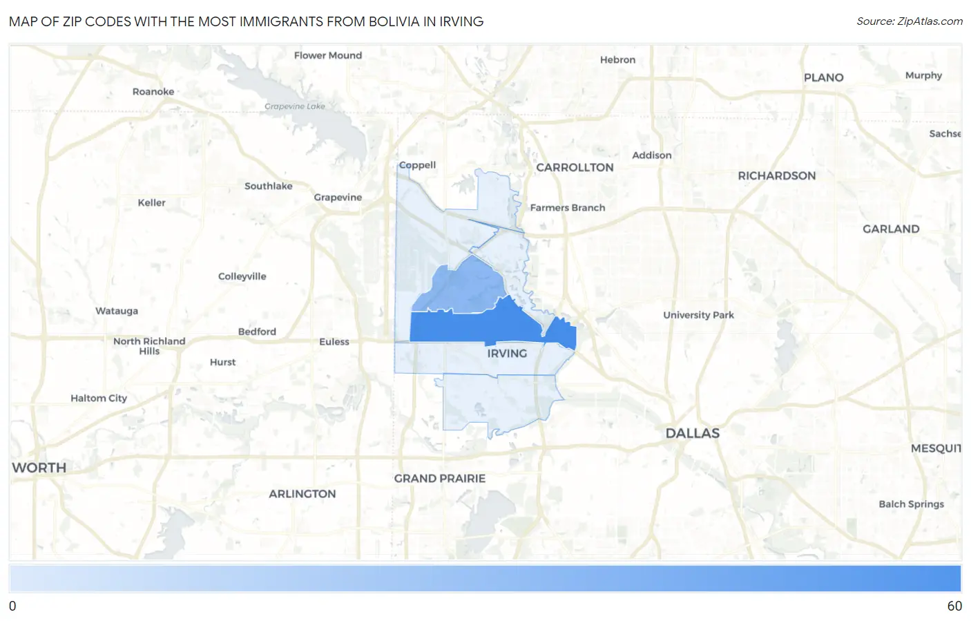 Zip Codes with the Most Immigrants from Bolivia in Irving Map