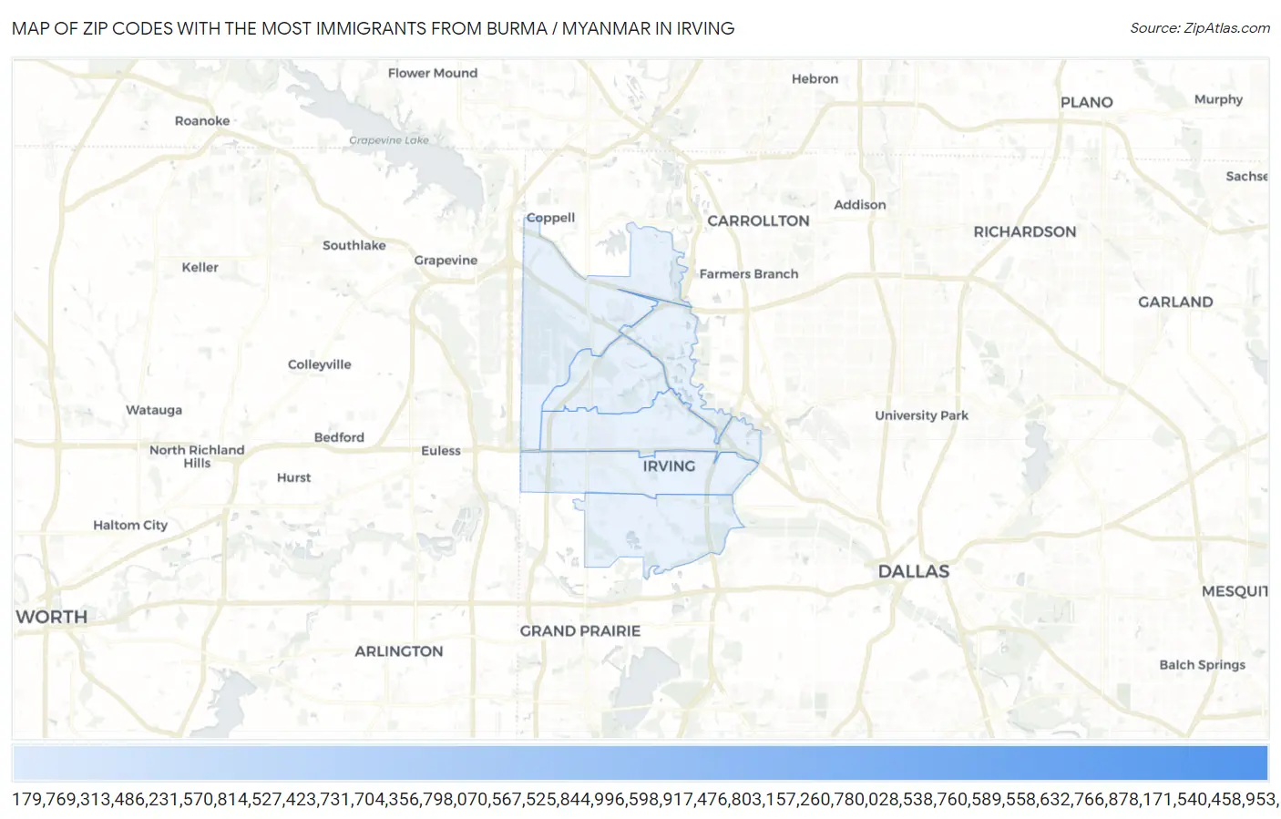 Zip Codes with the Most Immigrants from Burma / Myanmar in Irving Map