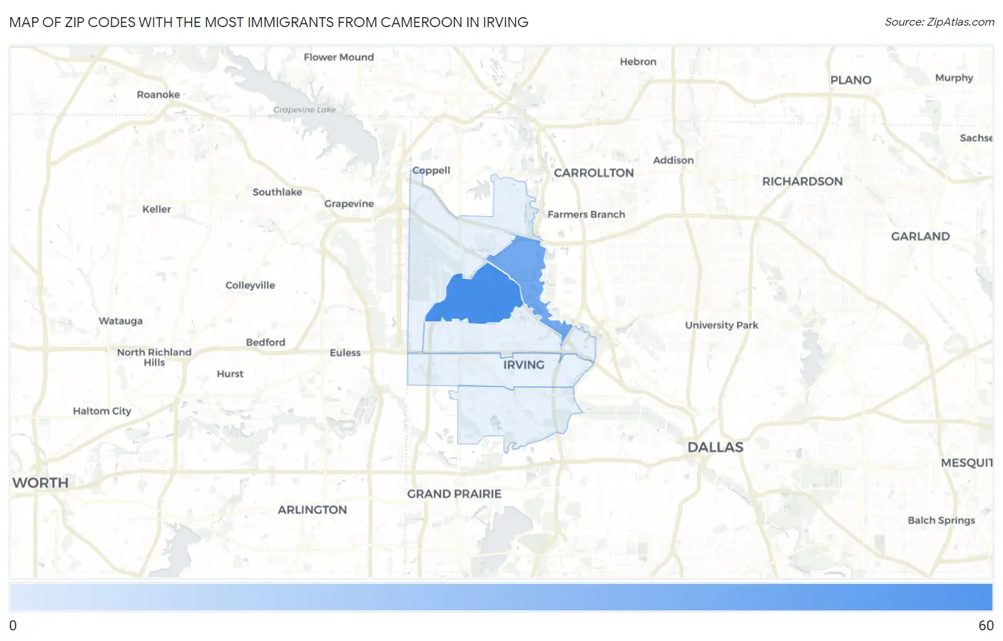 Zip Codes with the Most Immigrants from Cameroon in Irving Map