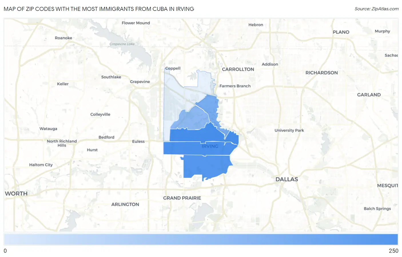Zip Codes with the Most Immigrants from Cuba in Irving Map