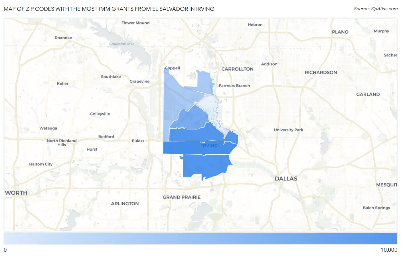 Zip Codes with the Most Immigrants from El Salvador in Irving Map