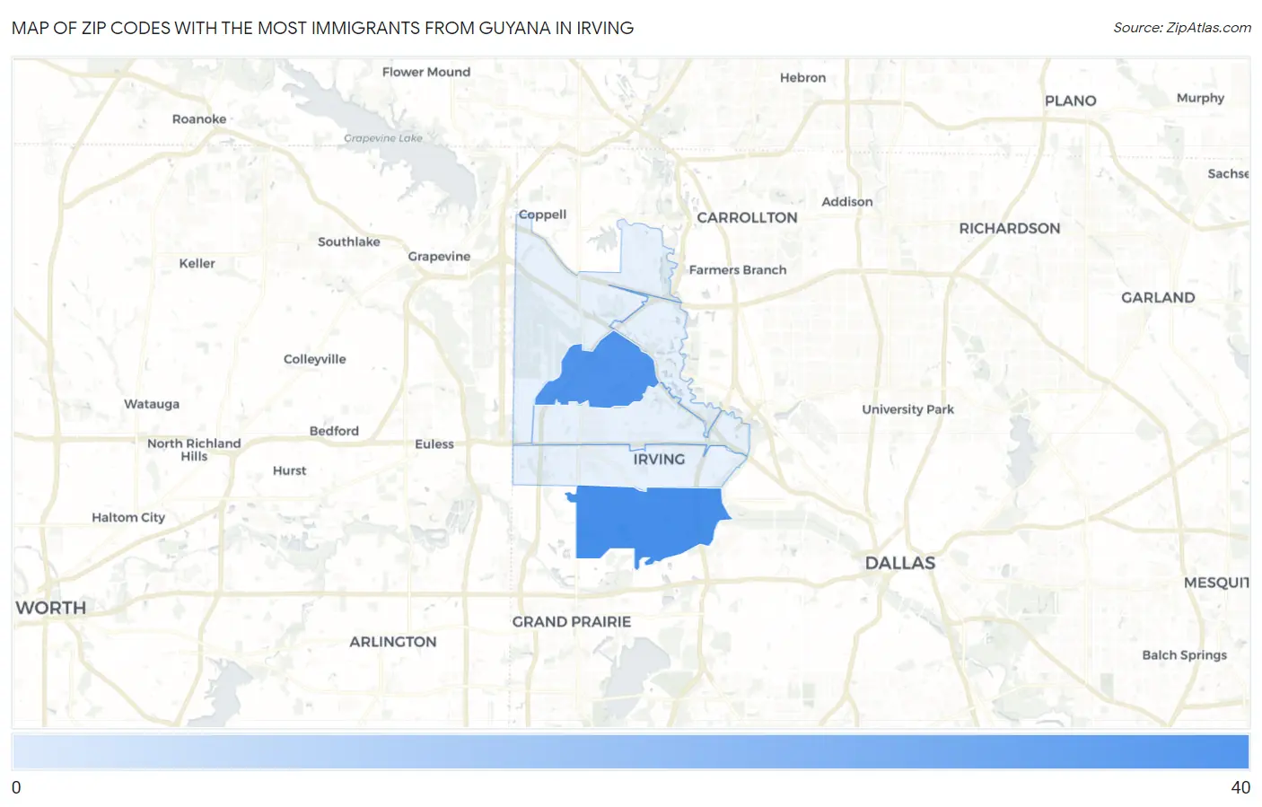 Zip Codes with the Most Immigrants from Guyana in Irving Map