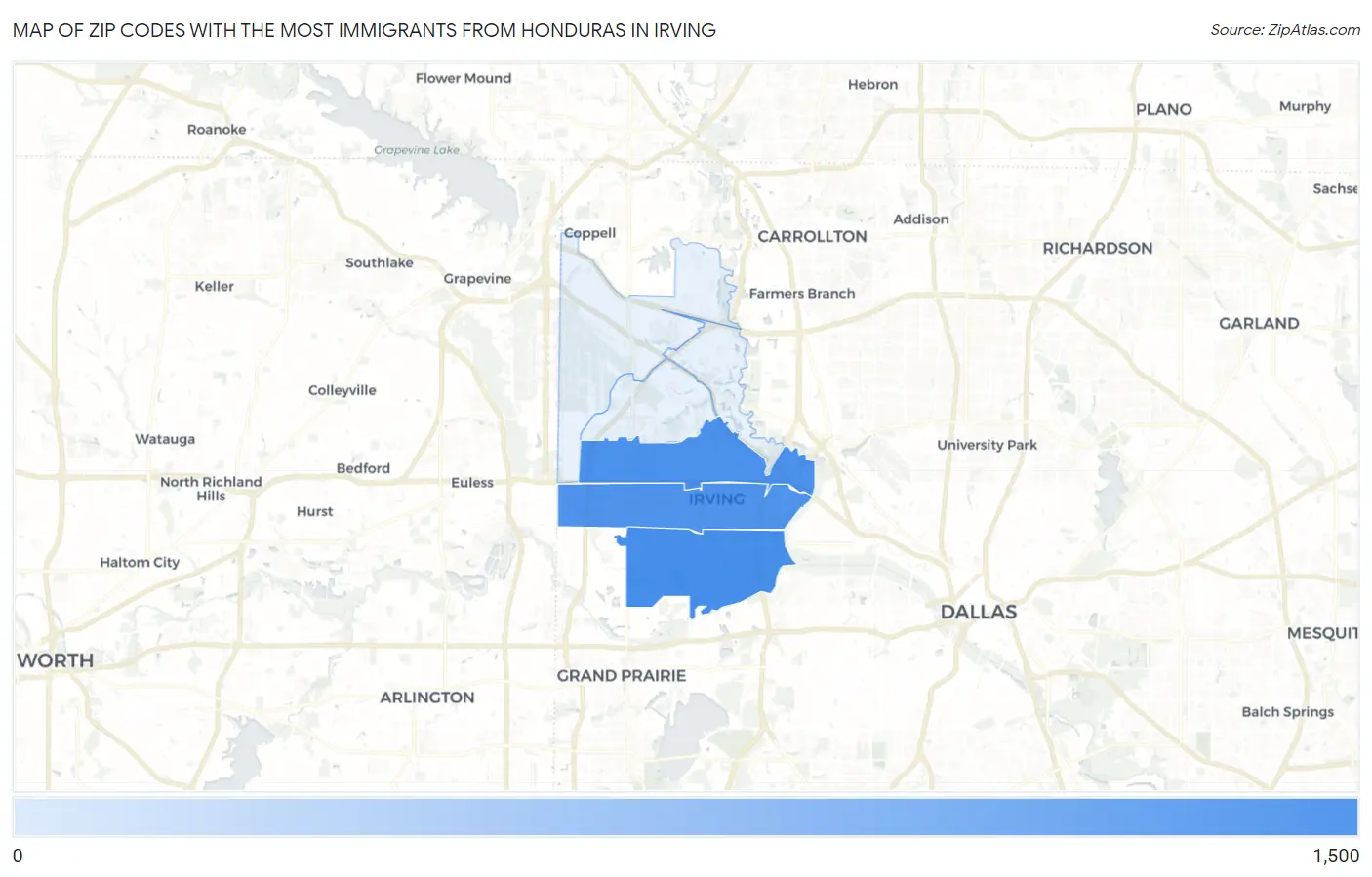 Zip Codes with the Most Immigrants from Honduras in Irving Map