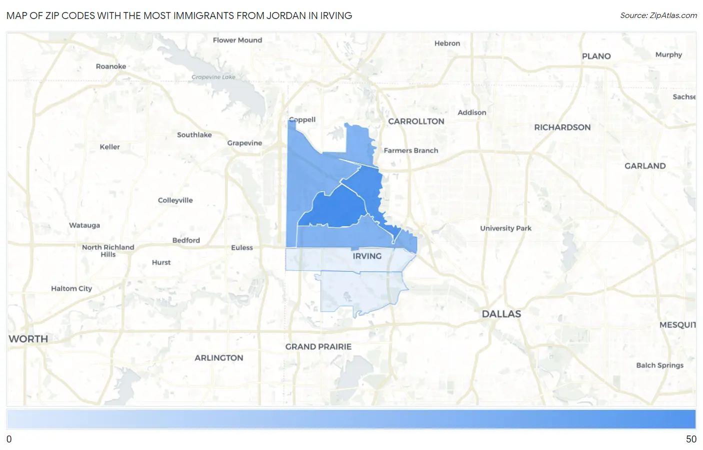 Zip Codes with the Most Immigrants from Jordan in Irving Map