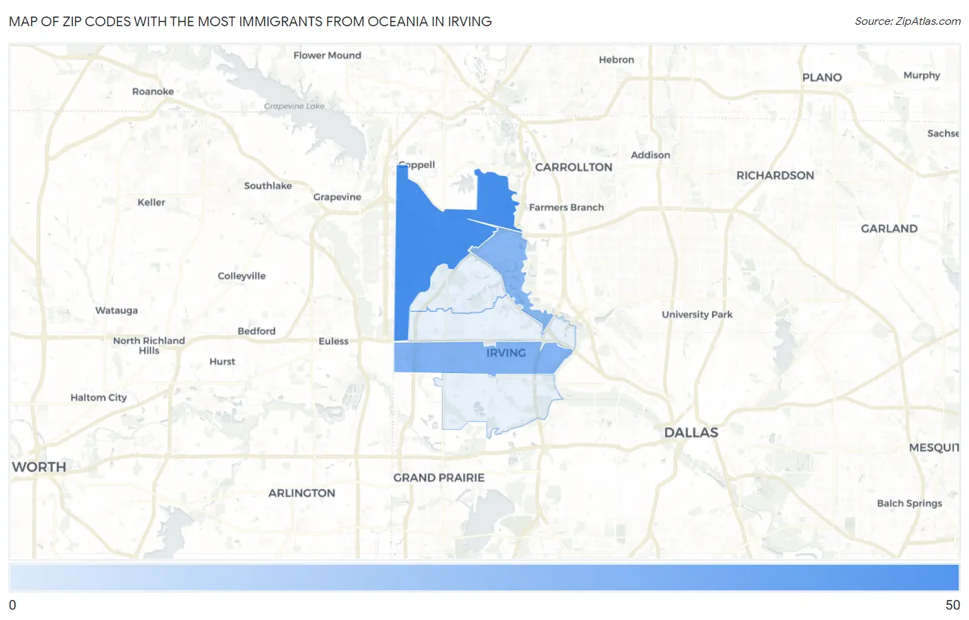 Zip Codes with the Most Immigrants from Oceania in Irving Map