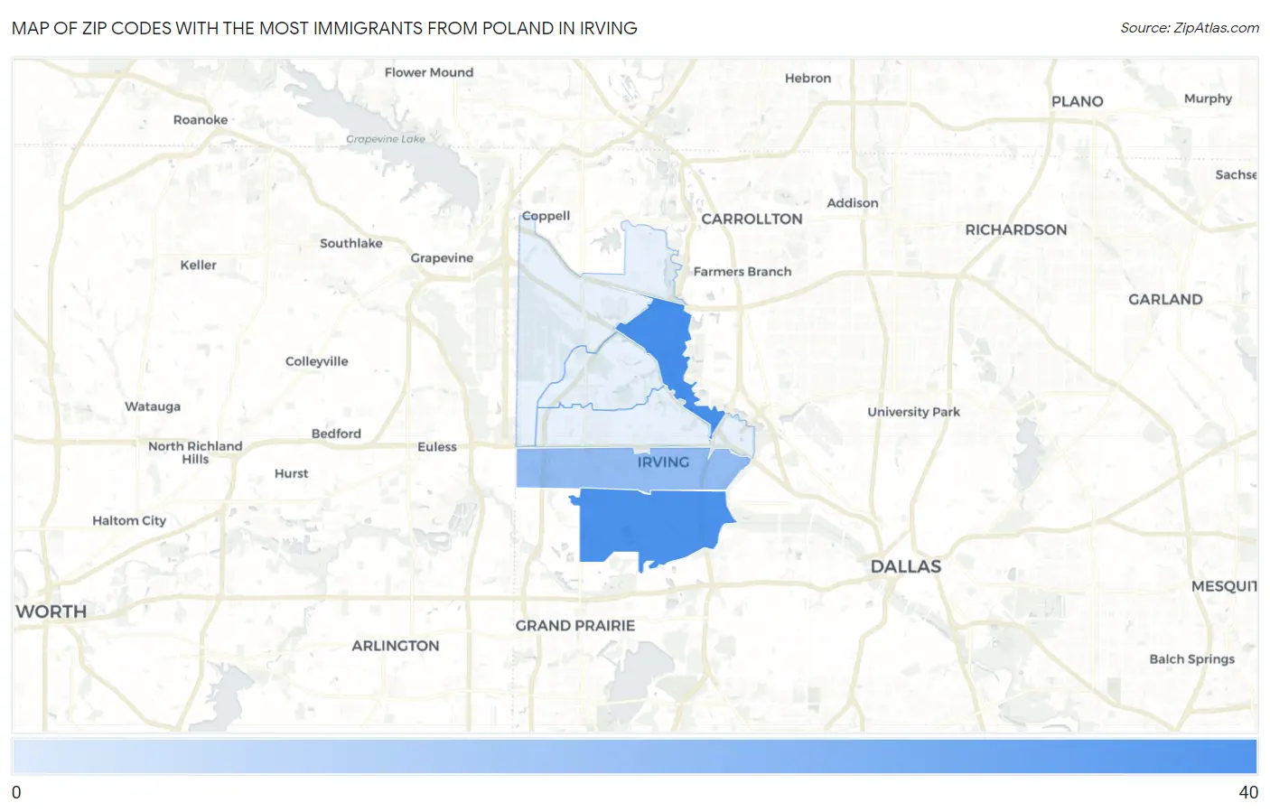 Zip Codes with the Most Immigrants from Poland in Irving Map