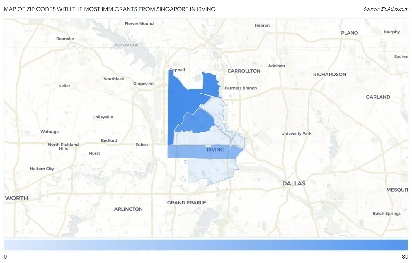 Zip Codes with the Most Immigrants from Singapore in Irving Map