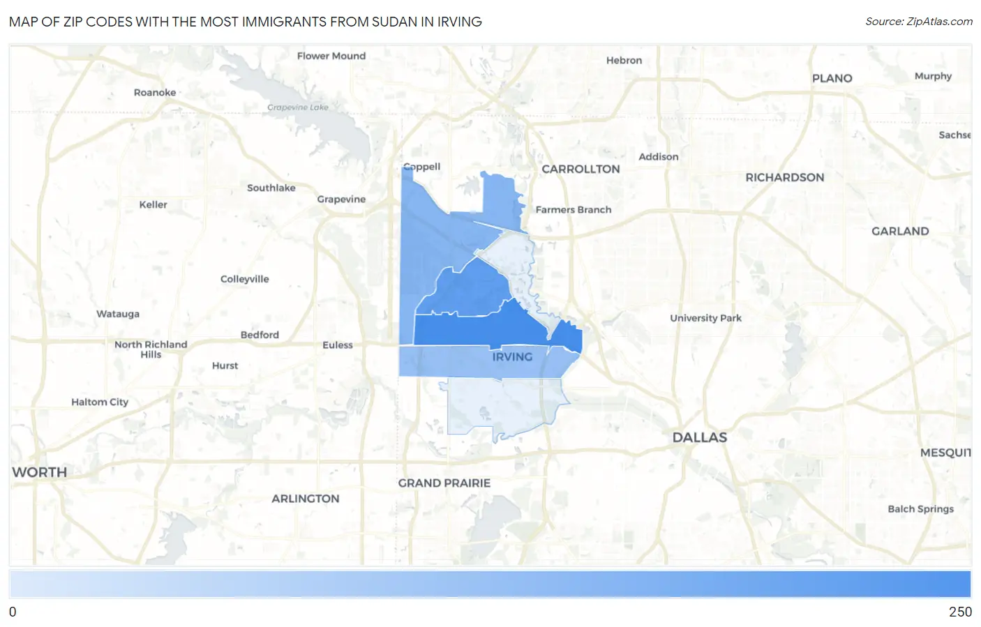 Zip Codes with the Most Immigrants from Sudan in Irving Map