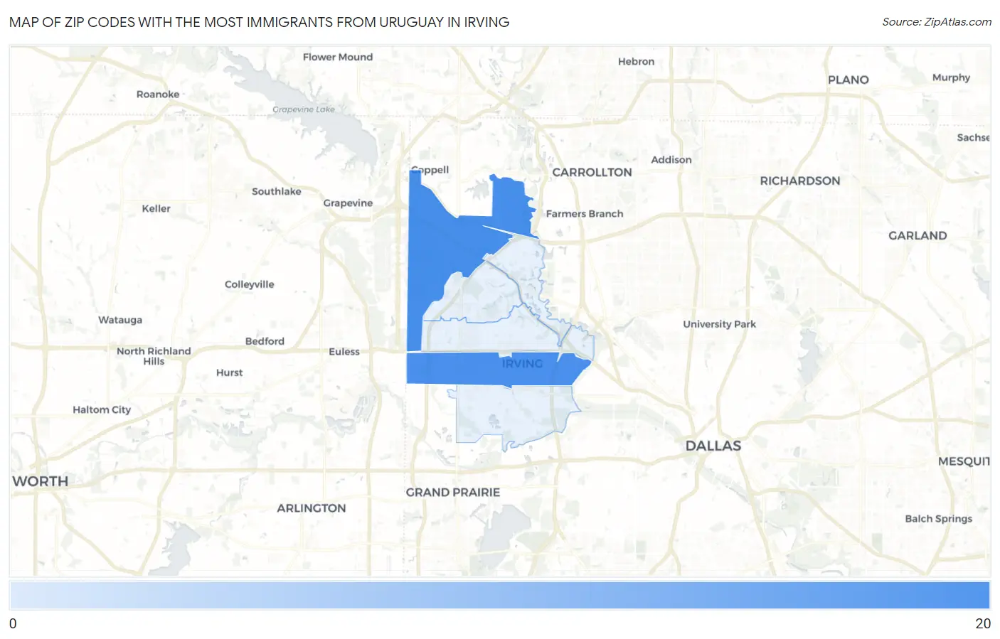 Zip Codes with the Most Immigrants from Uruguay in Irving Map
