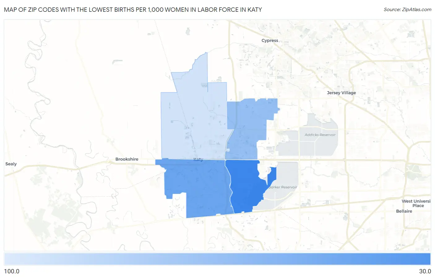 Zip Codes with the Lowest Births per 1,000 Women in Labor Force in Katy Map