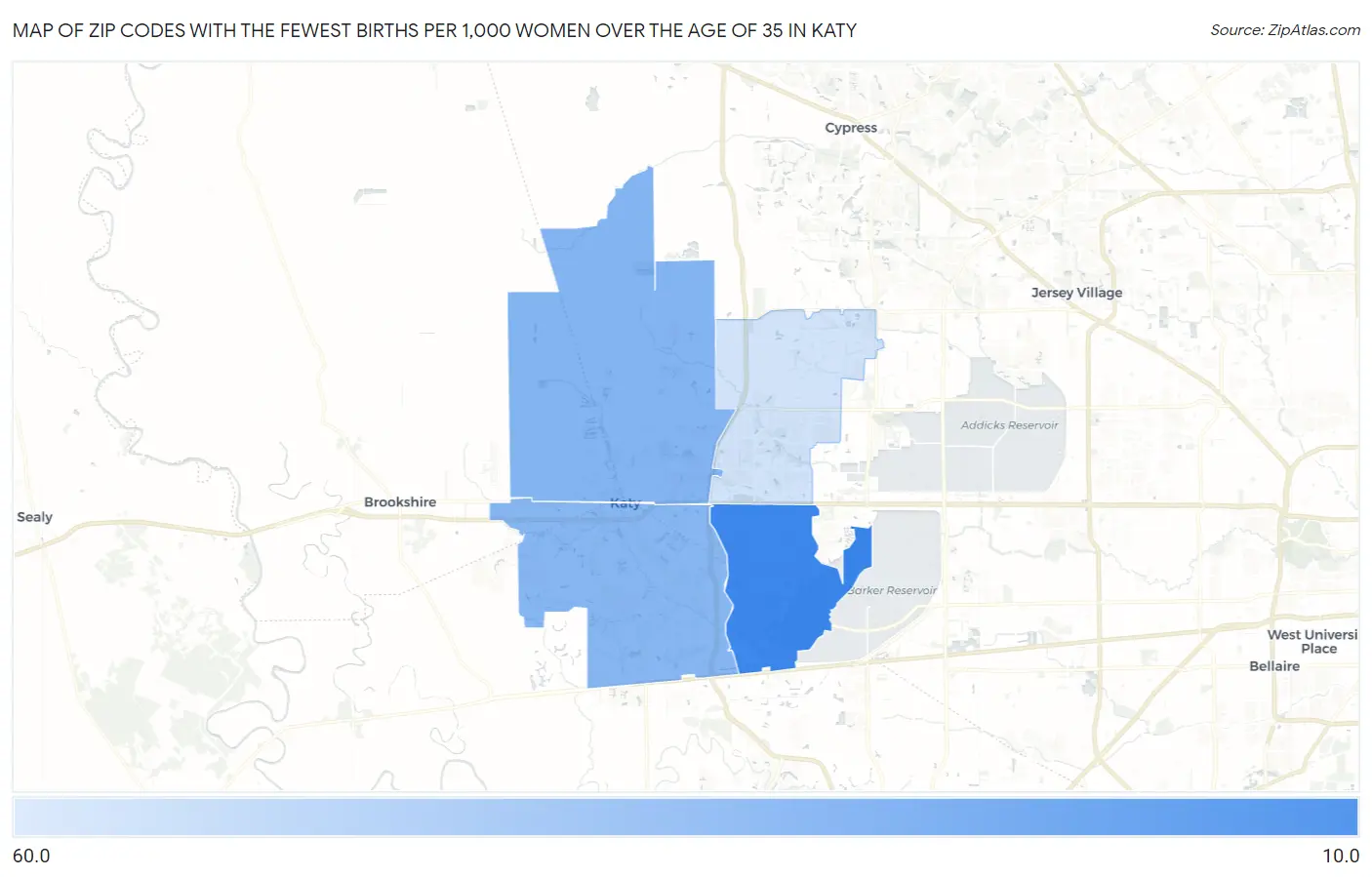 Zip Codes with the Fewest Births per 1,000 Women Over the Age of 35 in Katy Map