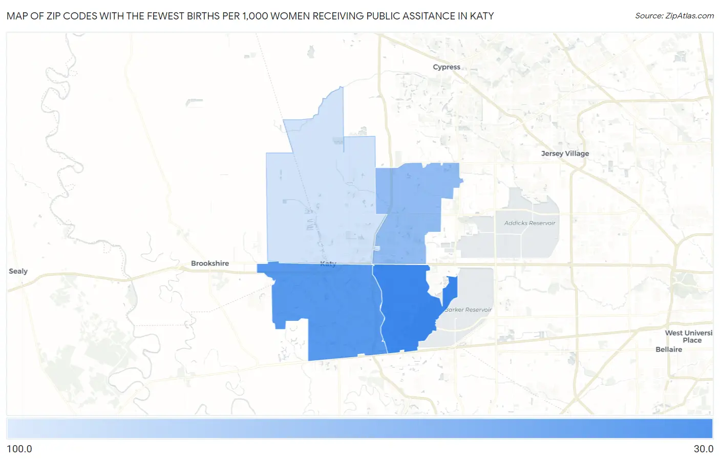 Zip Codes with the Fewest Births per 1,000 Women Receiving Public Assitance in Katy Map