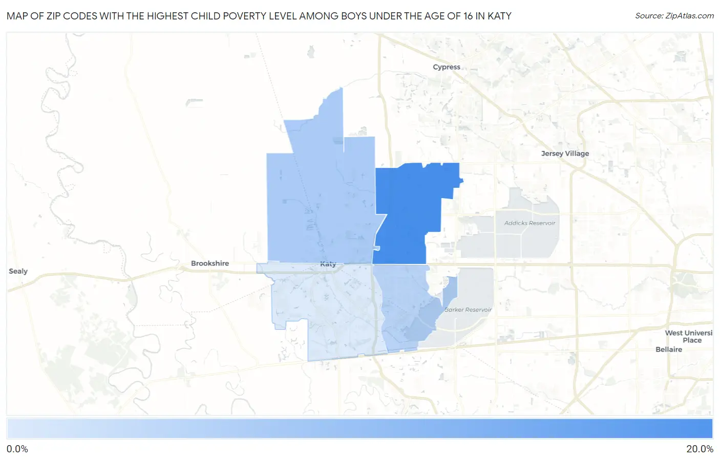 Zip Codes with the Highest Child Poverty Level Among Boys Under the Age of 16 in Katy Map