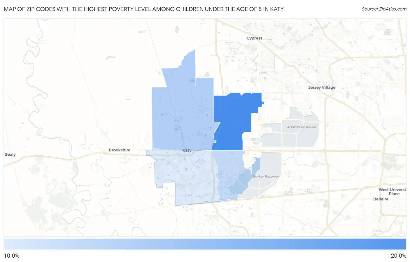 Zip Codes with the Highest Poverty Level Among Children Under the Age of 5 in Katy Map