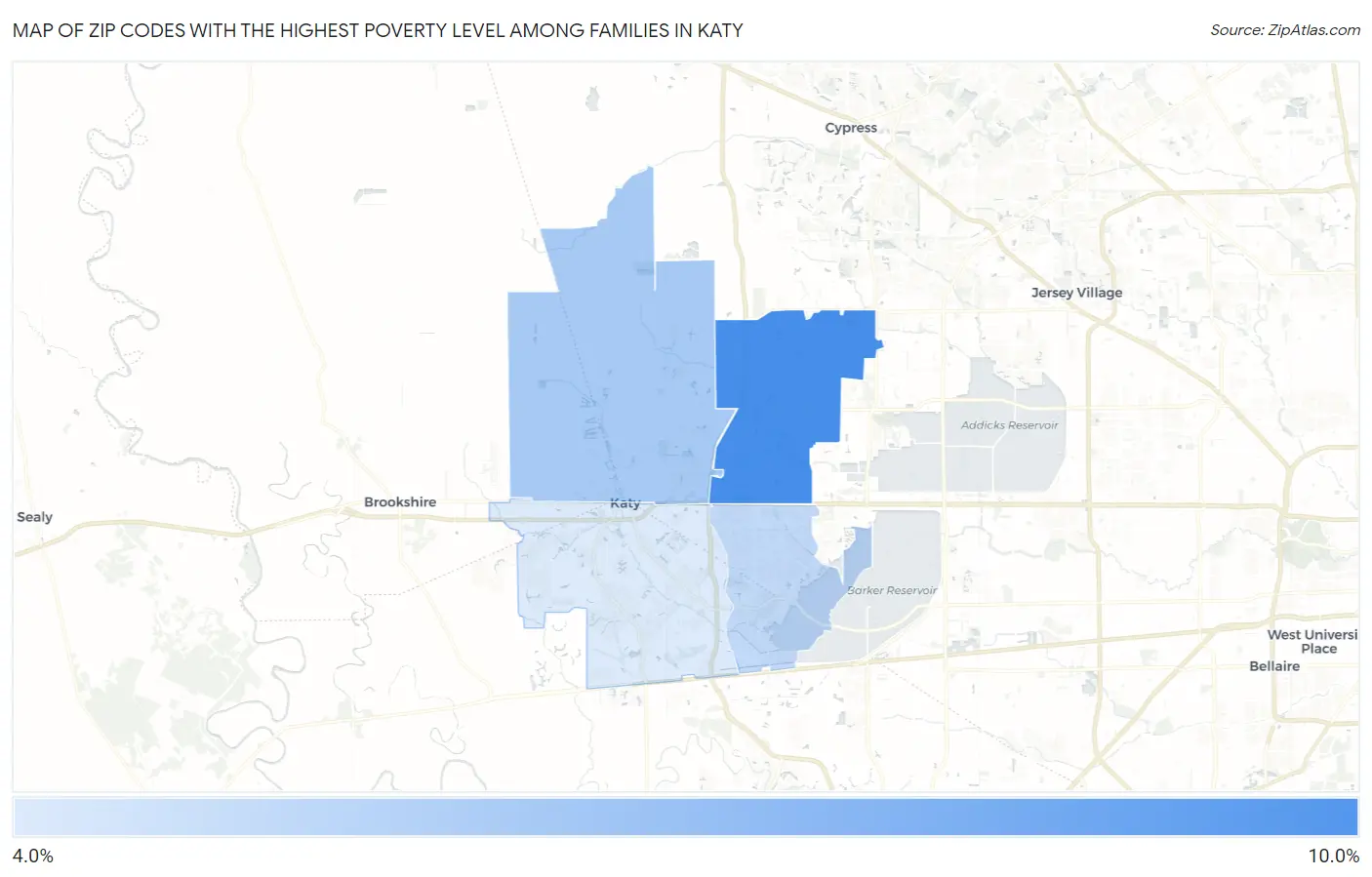 Zip Codes with the Highest Poverty Level Among Families in Katy Map