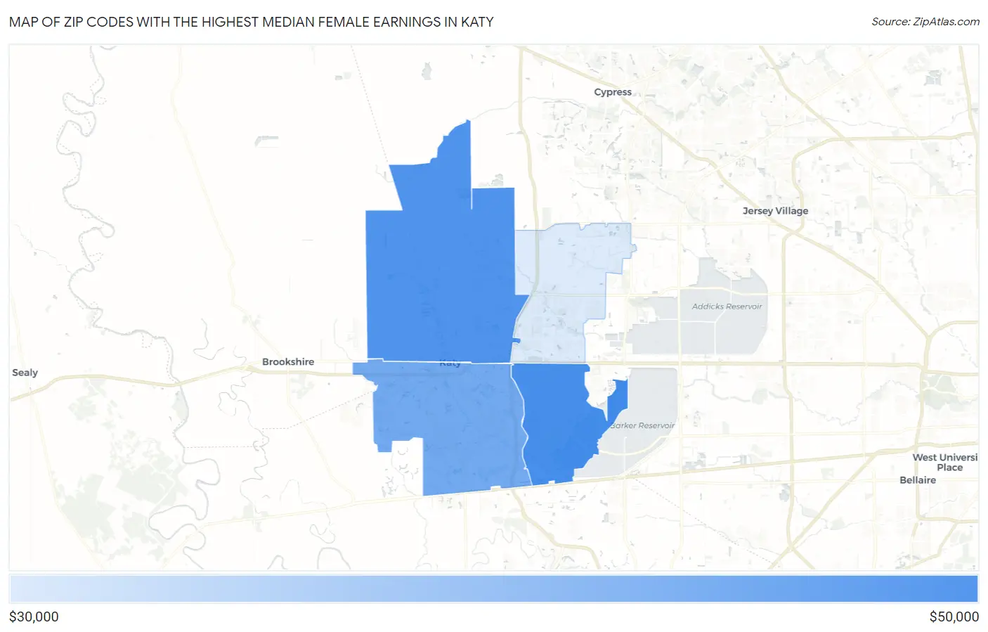 Zip Codes with the Highest Median Female Earnings in Katy Map