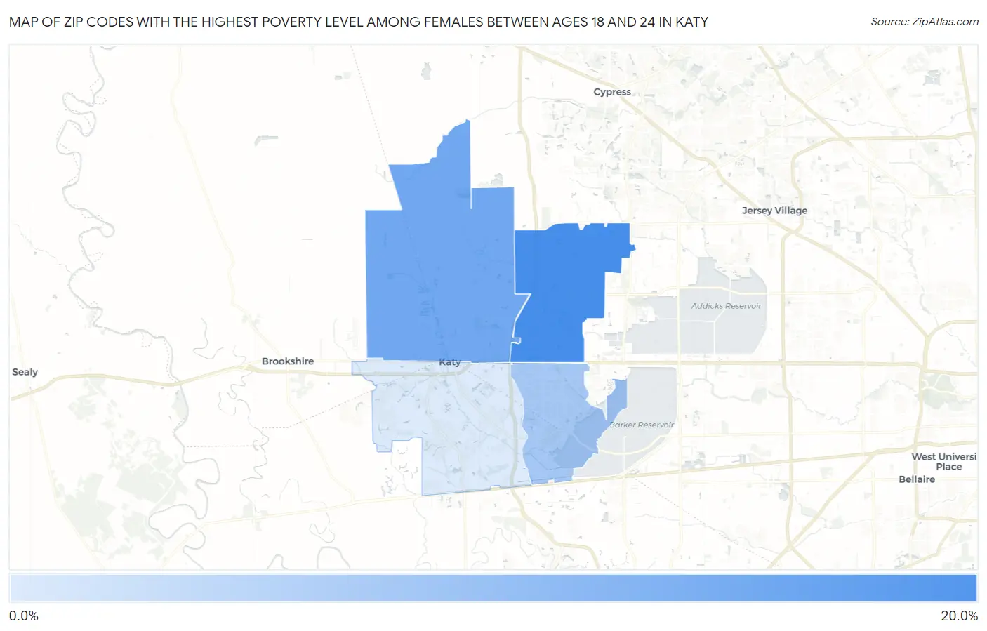 Zip Codes with the Highest Poverty Level Among Females Between Ages 18 and 24 in Katy Map