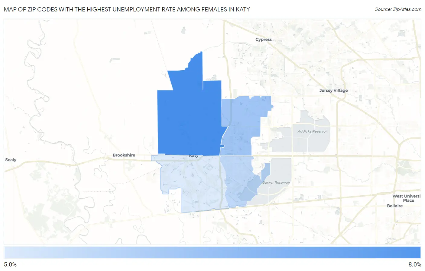 Zip Codes with the Highest Unemployment Rate Among Females in Katy Map