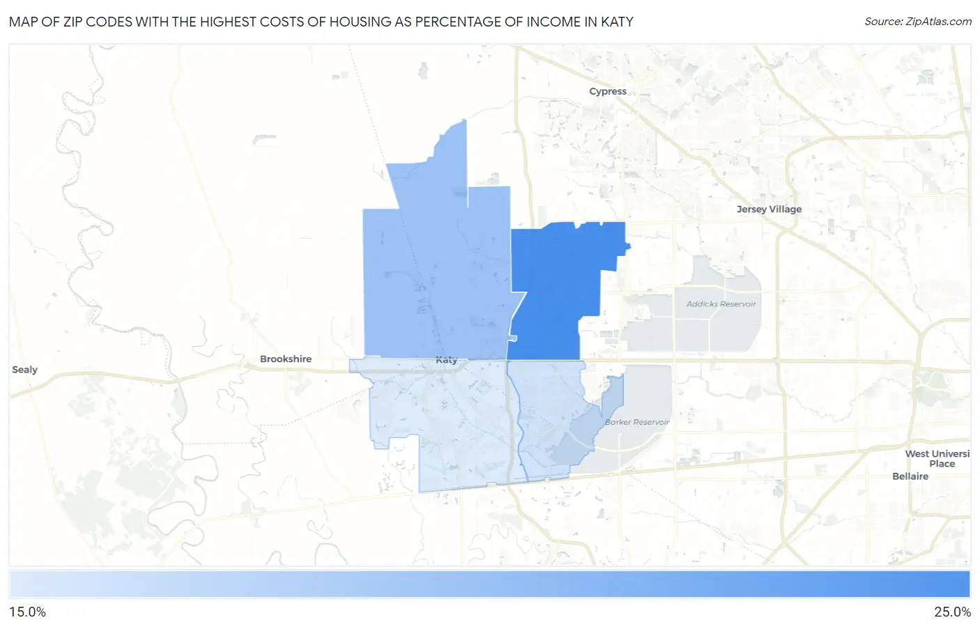 Zip Codes with the Highest Costs of Housing as Percentage of Income in Katy Map