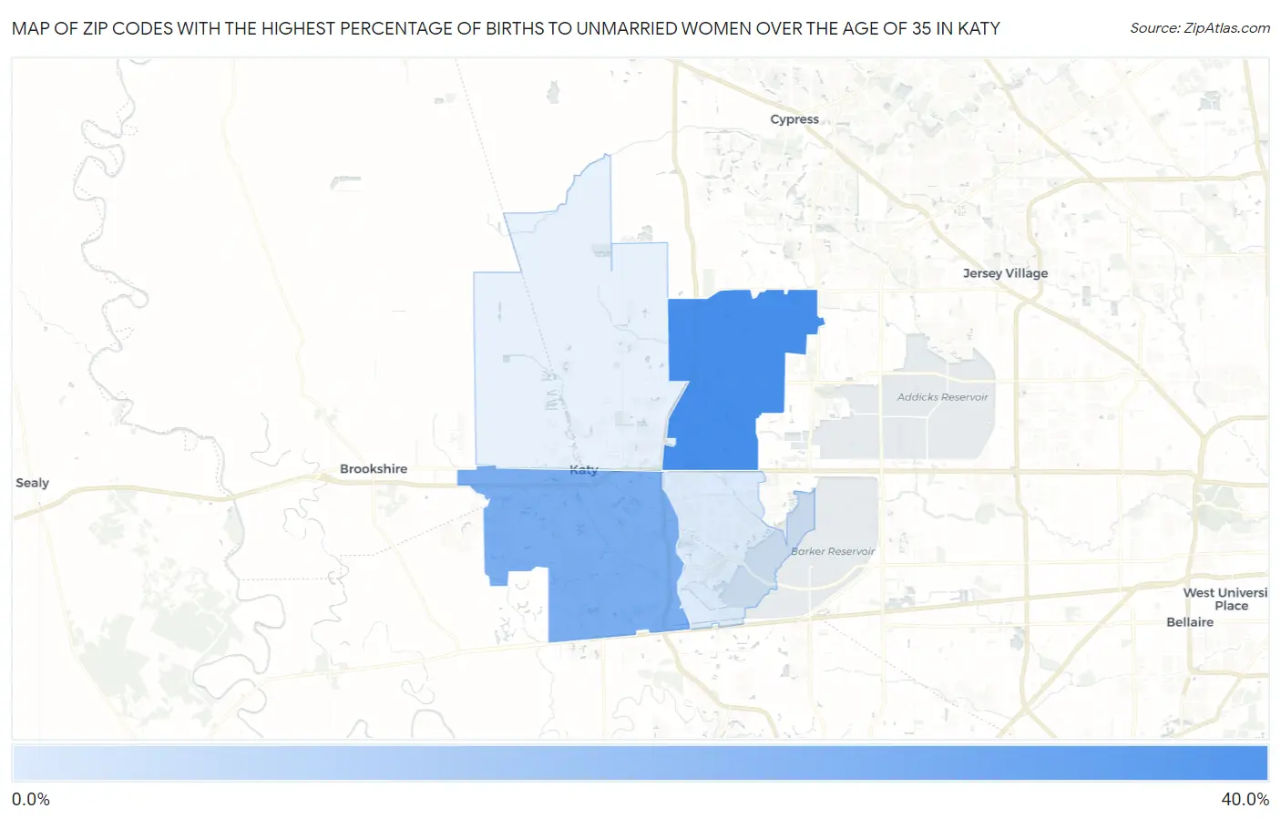 Zip Codes with the Highest Percentage of Births to Unmarried Women over the Age of 35 in Katy Map