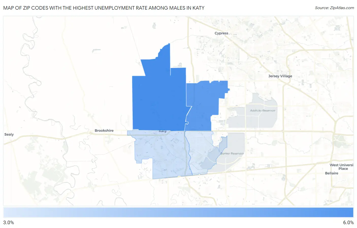 Zip Codes with the Highest Unemployment Rate Among Males in Katy Map