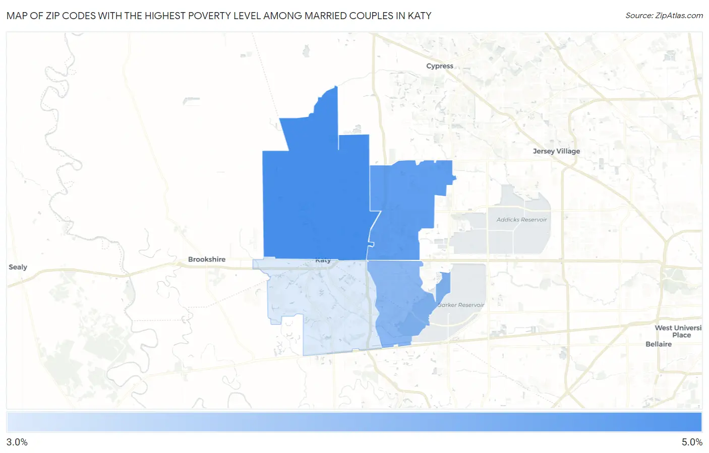 Zip Codes with the Highest Poverty Level Among Married Couples in Katy Map