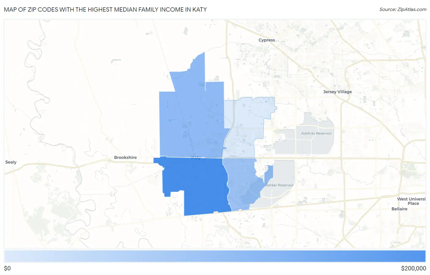 Zip Codes with the Highest Median Family Income in Katy Map
