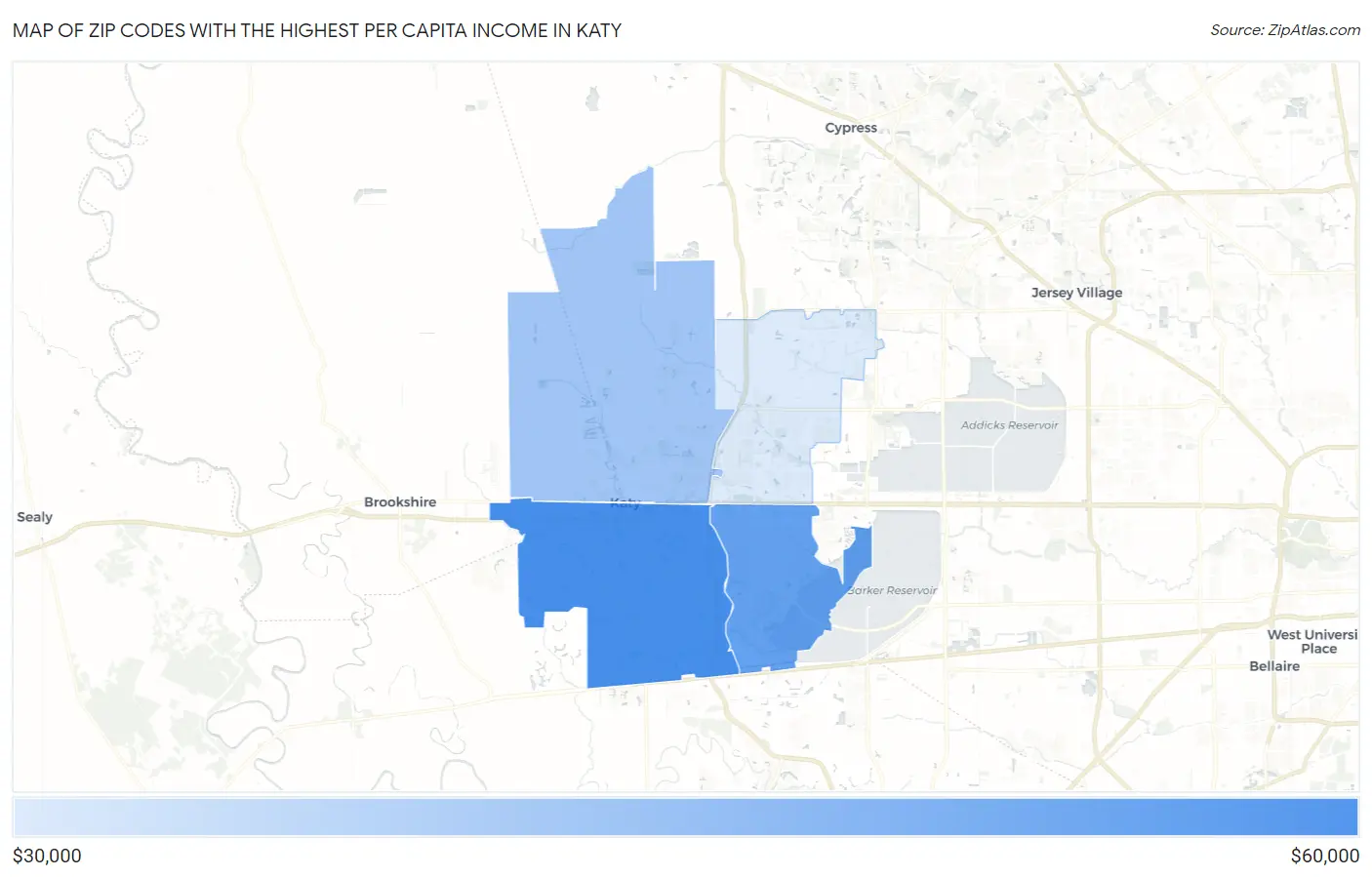 Zip Codes with the Highest Per Capita Income in Katy Map