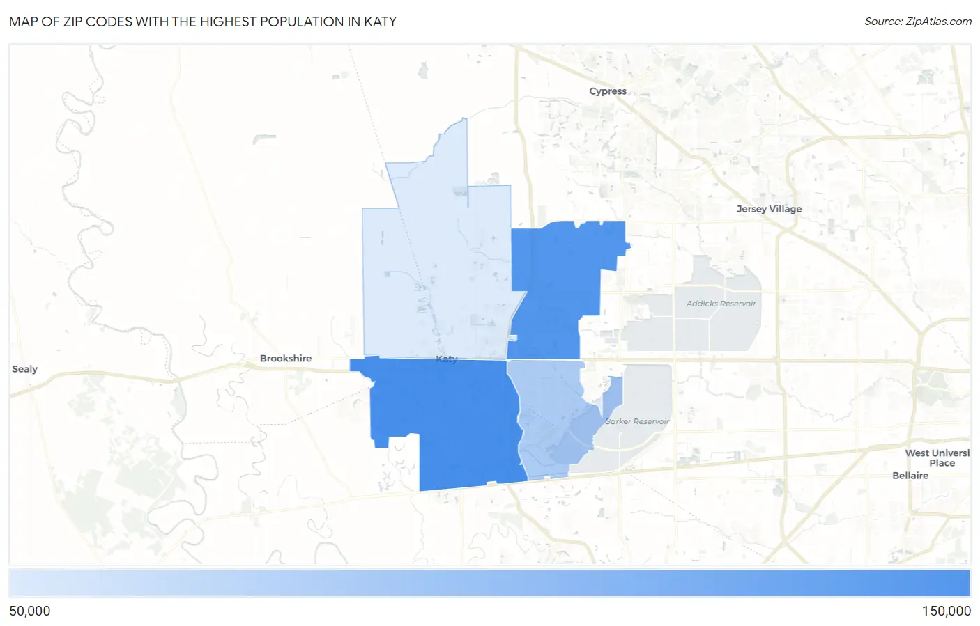 Zip Codes with the Highest Population in Katy Map