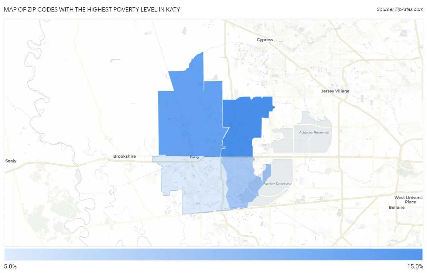 Zip Codes with the Highest Poverty Level in Katy Map