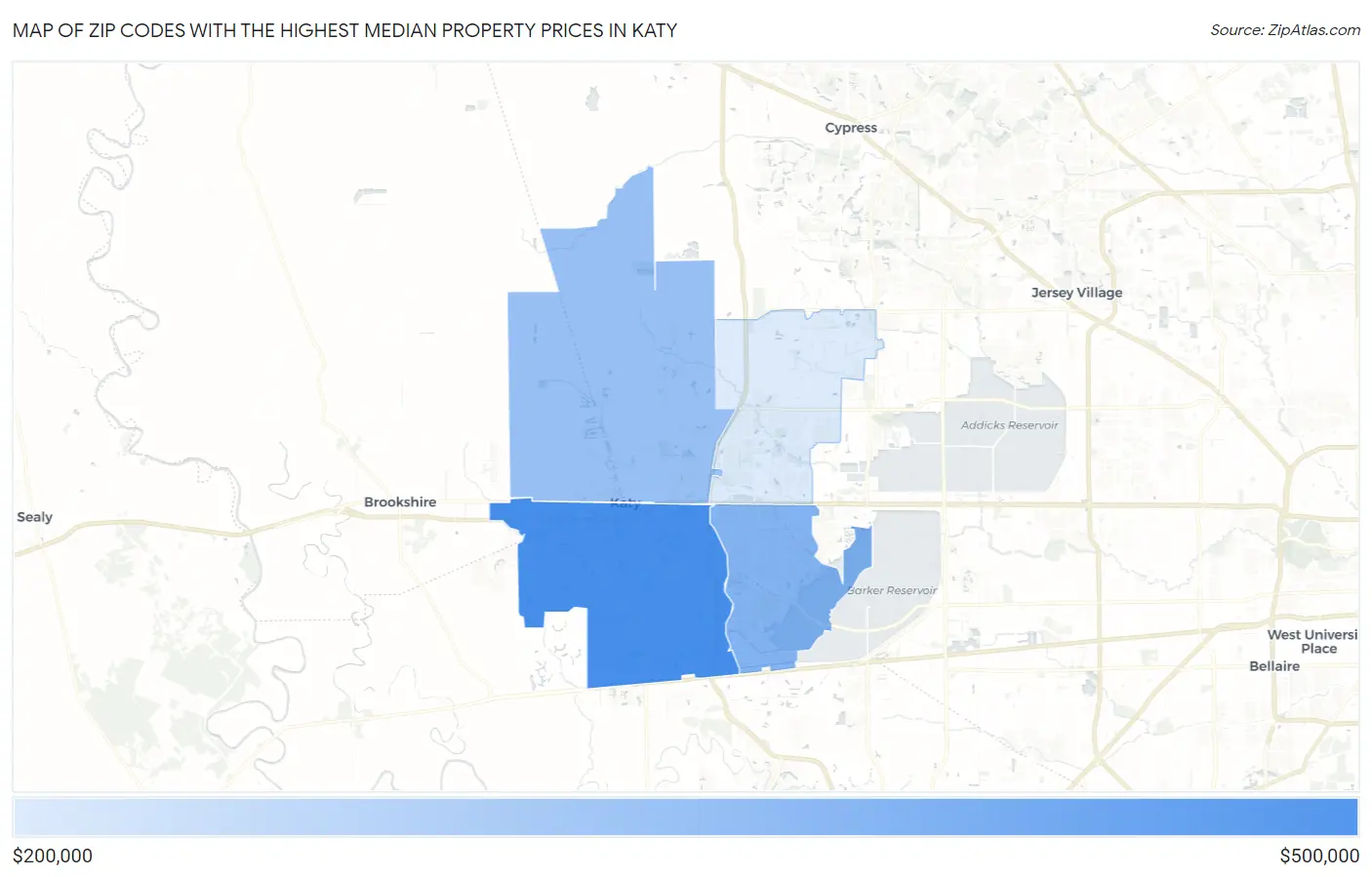 Zip Codes with the Highest Median Property Prices in Katy Map