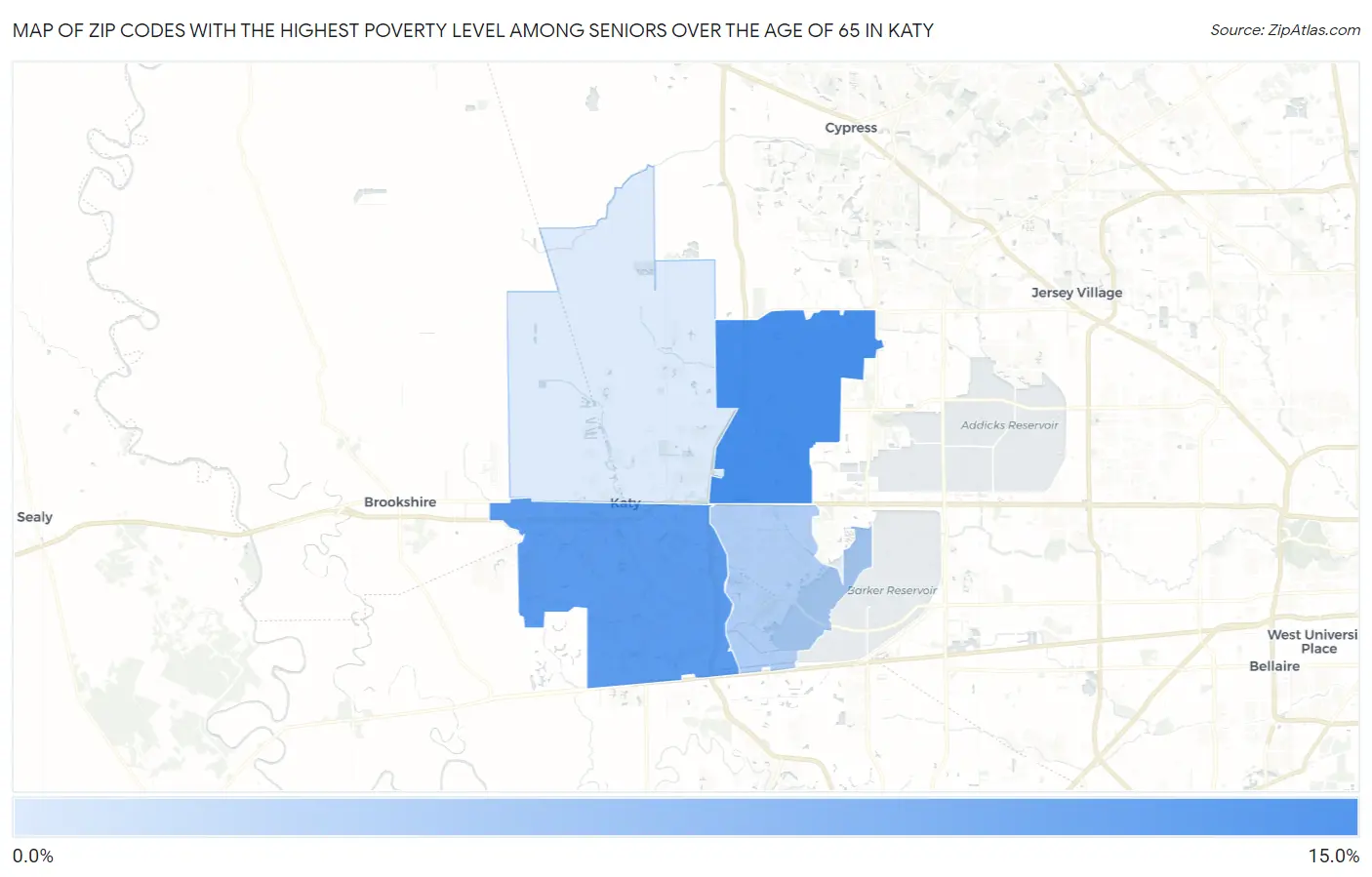 Zip Codes with the Highest Poverty Level Among Seniors Over the Age of 65 in Katy Map