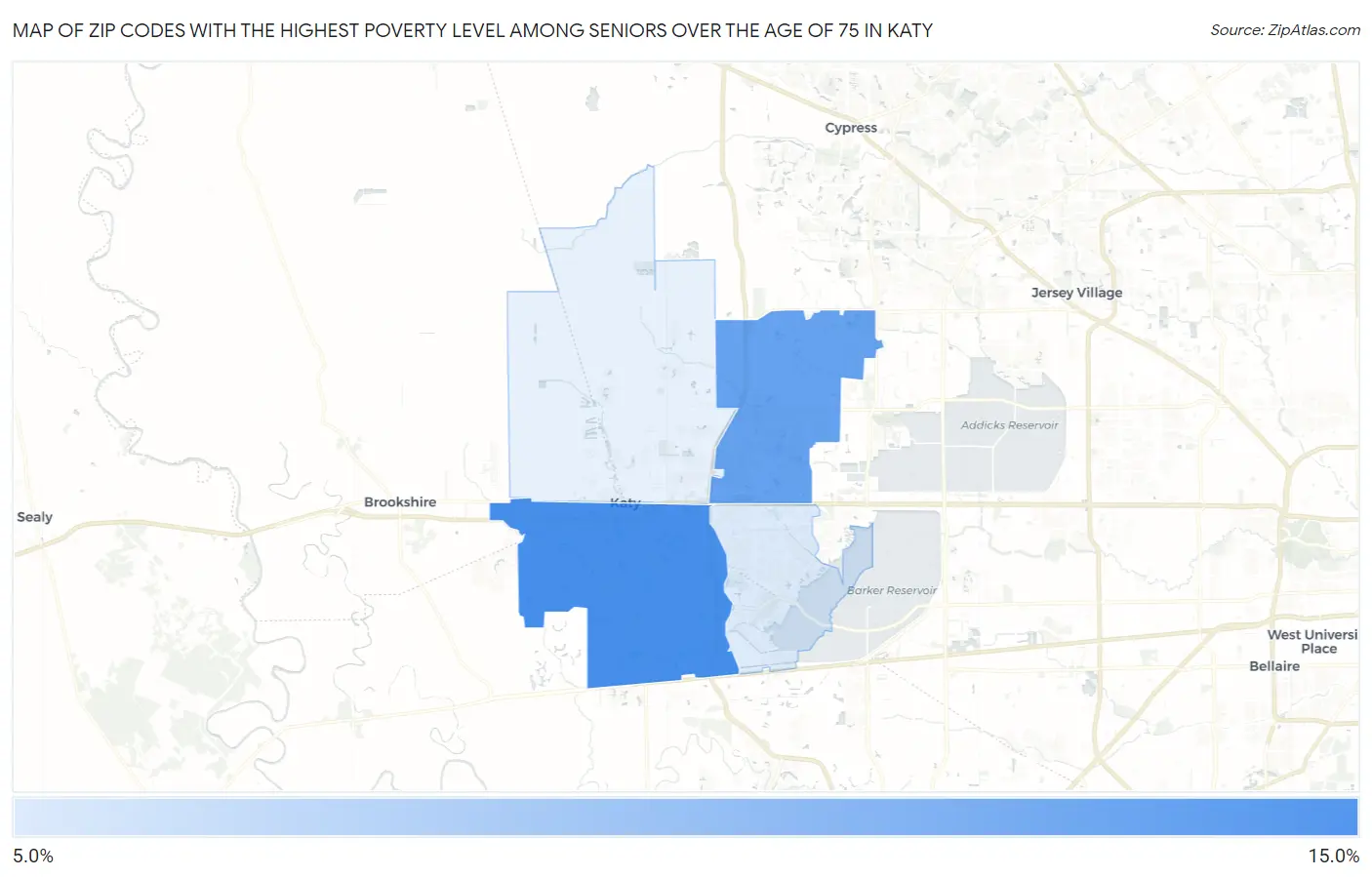 Zip Codes with the Highest Poverty Level Among Seniors Over the Age of 75 in Katy Map