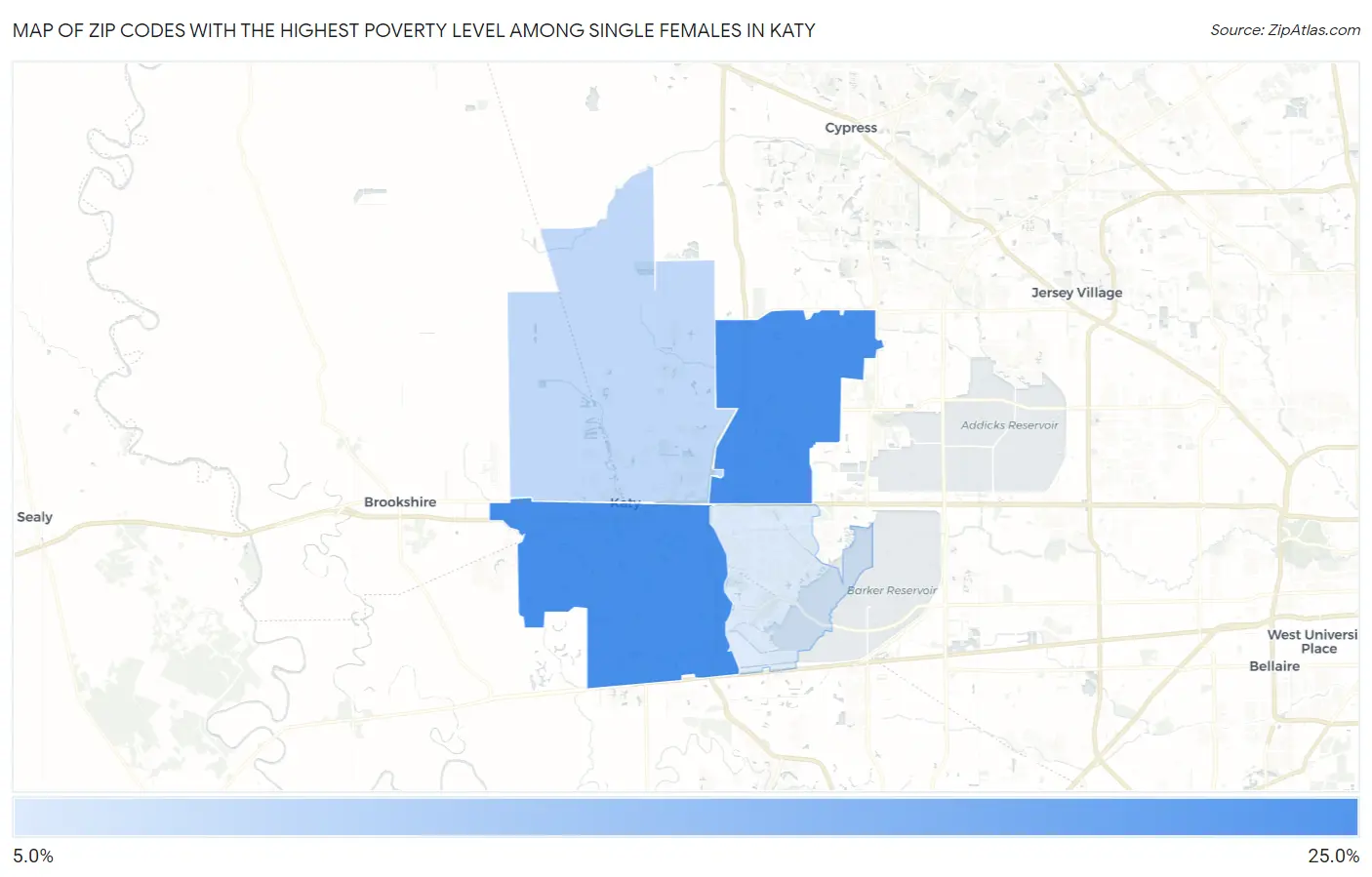 Zip Codes with the Highest Poverty Level Among Single Females in Katy Map