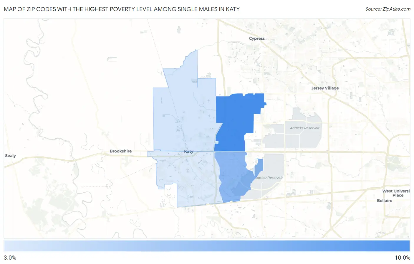 Zip Codes with the Highest Poverty Level Among Single Males in Katy Map